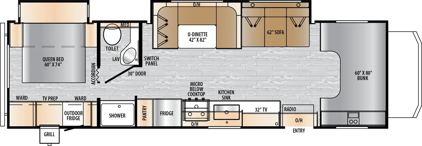 The 2950OK has two slideouts and one entry. Exterior features an outdoor refrigerator and grill, and generator. Inside layout front to back: front cab over bunk; off-door side slideout with sofa, u-dinette and overhead cabinet; door side entry with overhead cabinet, radio, kitchen counter, TV, sink, cooktop with microwave below, refrigerator and pantry; full split pass-thru bathroom with medicine cabinet; rear bedroom with off-door side queen bed slideout, and door side wardrobes with TV prep.